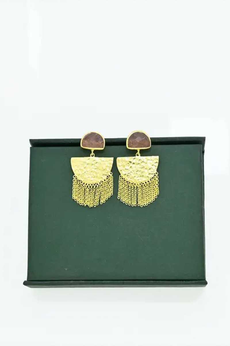 Schmuckoo - Pendiente dorado con forma de lluvia en forma de media luna - Cuarzo fresa - Joyeria - Schmuckoo
