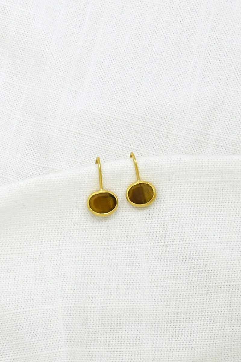 Schmuckoo - Pendientes Ovalados Con Gemas Doradas Y Plata 925 - Ojo De Tigre - Joyeria - Schmuckoo