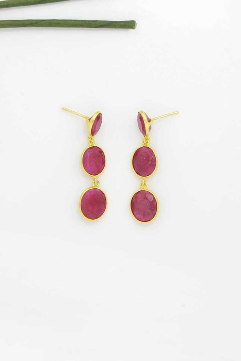 Schmuckoo - Pendiente Triple Colgante De Plata De Ley 925 Con Silimanita Roja - Joyeria - Schmuckoo