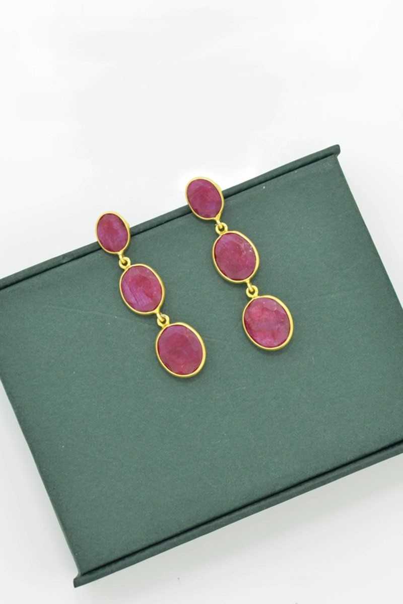 Schmuckoo - Pendiente Triple Colgante De Plata De Ley 925 Con Silimanita Roja - Joyeria - Schmuckoo